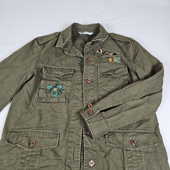 Zara Utility Embroidered Beaded Jacket Womens M Bird Flower Army Green Military - Picture 2 of 14